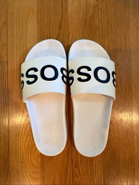 Boss White Men’s Slide Sandals with Black Logo